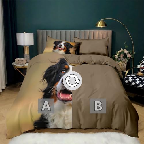 Bettwäsche Set 155 x 220 cm Tiere Hund Licht Wende Motiv Microfaser bettwäsche mit Kissenbezug 80x80 cm, Bügelfrei Knitterfrei Bettbezug, Erdiges Braun, für Allergiker geeignet