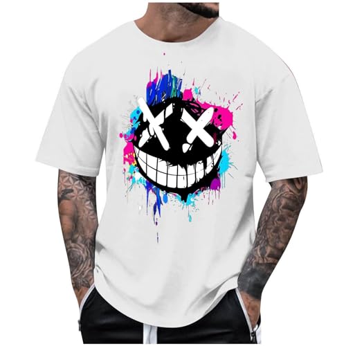 Image of Mens T-Shirt Oversized Tshirts Men UK Fashion Printed Short Sleeve Tee Shirts Classic Smiling Face Y2K Streetwear Tops Summer Casual Crew Neck Trendy Everyday Wear Clothing White 3 4XL