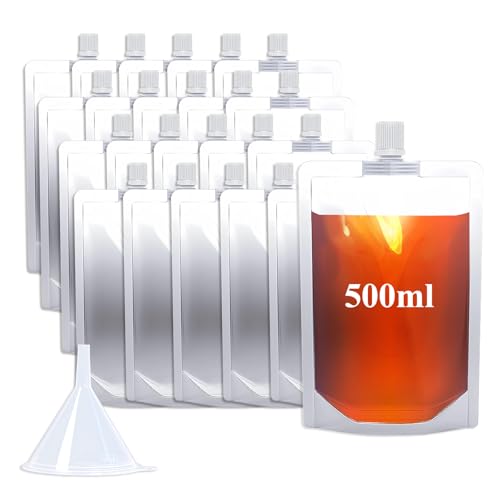 Cloudslucky 20 Stück 500ml Trinkbeutel Mit Trichter Wiederverwendbar Transparent Kunststoff Getränke Beutel Auslaufsicher Ideal fr Saft Picknicks Camping Reisen Festivals Partys