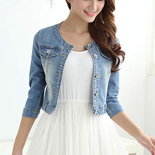Women's Short Denim Jacket Round Neck Denim Three Quarter Sleeves Light Blue Jacket (Light Blue, L) #TOP3