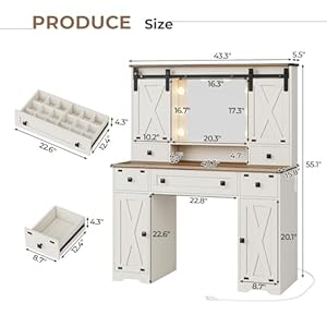 Hasuit farmhouse vanity desk with mirror and lights white makeup dressing vanity table with charging station rustic country vanity mirror with sliding barn door 3 lighting modes adjustable  urban country home decor