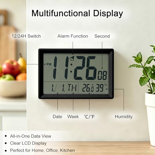 Digital Wall Clock Battery Operated with LCD Display, 6.5” Small Digital Clock with Seconds/Temperature/Humidity/Snooze - 12/24H, Digital Alarm Clocks for Bedrooms, Living Room, Office, Gym - Image 4
