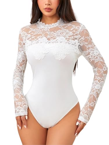 WDIRARA Women's Floral Lace Mock Neck Long Sleeve Mesh Sheer