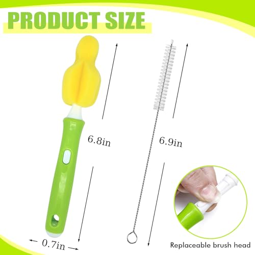 Image of INVODA Nipple Brush 4PCS Sponge Bottle Brushes with 4 PCS Straw Brush Baby Bottle Nipple Cleaner Brush Long Handle Detachable Nipple Brushes (Yellow)
