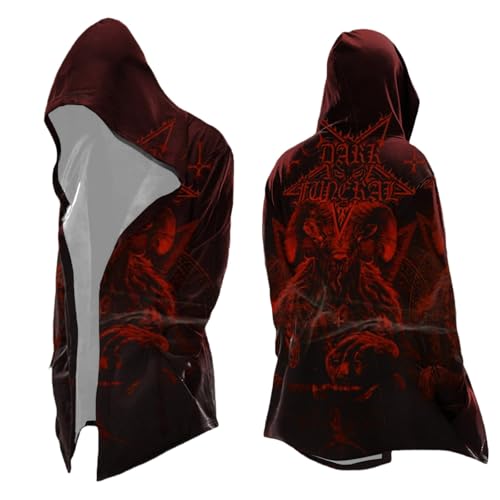 Capa larga gótica para hombre con capucha y estampado de adornos rojos. Abrigo abierto con capucha con diseño de demonios intrincados, túnica llamativa para festivales de fantasía y cosplay, Estilo
