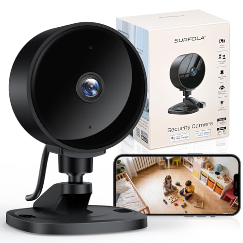Surfola Cámara de Vigilancia WiFi Interior, 1080P FHD Cámara para Bebé/Mascotas con Detección de Movimiento y Sonido IA, Visión Nocturna, Audio Bidireccional, App, Alexa y Google Home, 1 Pack