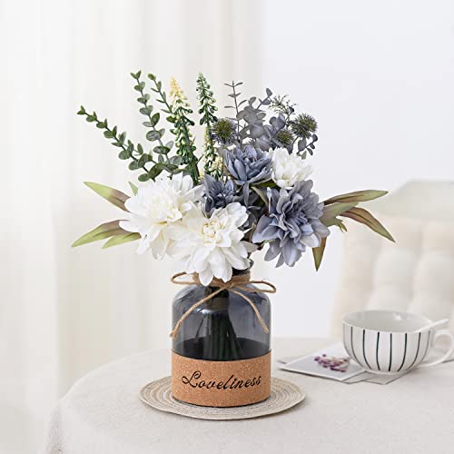 Meglorya Fake Flowers Blue White Hydrangea Artificial Flowers With Vase, Farmhouse Table Centerpiece, Faux Silk Flowers Arrangement In Vase, Rustic Home Dining Table Decor, Boho Flower Decor #TOP2