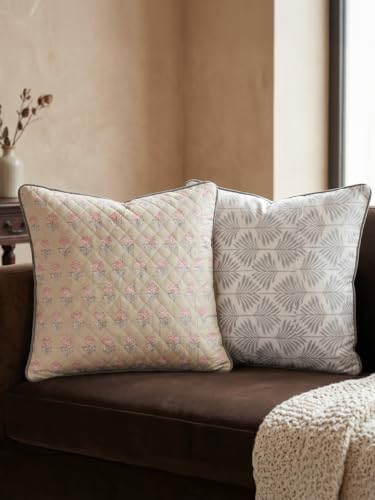 Image of PetalNest Premium 100% Cotton Printed Cushion Covers Set of 2 | 16 x 16 Inches | Handmade Jaipur Block Print | Hidden Zipper | Soft Sofa Cushion Covers for Living Room, Bedroom & Home Decor