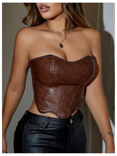 Women's Y2K Lace Up Tube Crop Top PU Leather Vintage Bandeau Tops Backless Floral Texture Sexy Corset Shapewear4