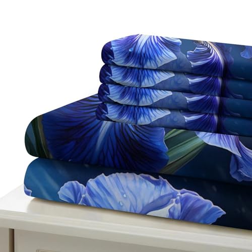 Parure de lit fleurs d'iris bleu 3D microfibre super douce housse de couette - 7