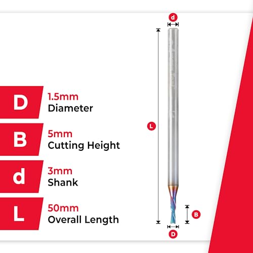 Image of Amana Tool 48210-K SC Spektra Extreme Tool Life Coated Spiral Plunge 1.5mm Dia x 5mm CH x 3mm SHK 50mm Long Down-Cut Router Bit for Drilling Shelf Pin Holes