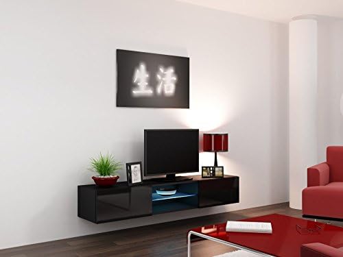 BanburyModernFurniture NEW COLOURS - BMF VIGO GLASS FLOATING TV STAND LED GLASS SHELF MATT/HIGH GLOSS - 180CM WIDE - OPEN FRONT (BLACK)
