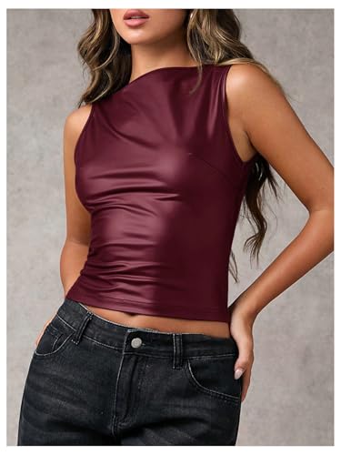 Milumia Women's Boat Neck Faux Leather Tank Top Shirt Y2k Ruched Fitted Going Out Tops4