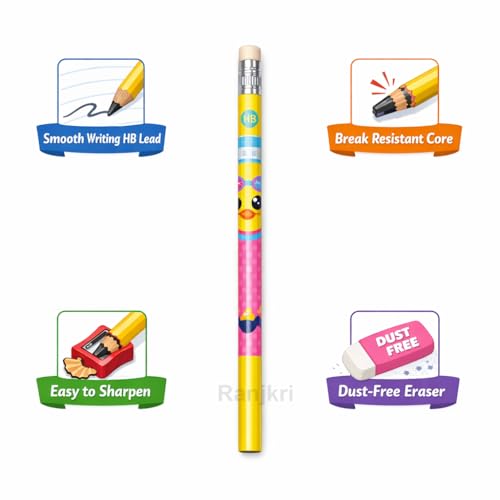 Image of Premium HB Wood Pencils Set for Kids - Pack of 12 Dark Graphite Pencils with Eraser Toppers, Non-Toxic Triangular Grip for Smooth Writing, School Return Gift