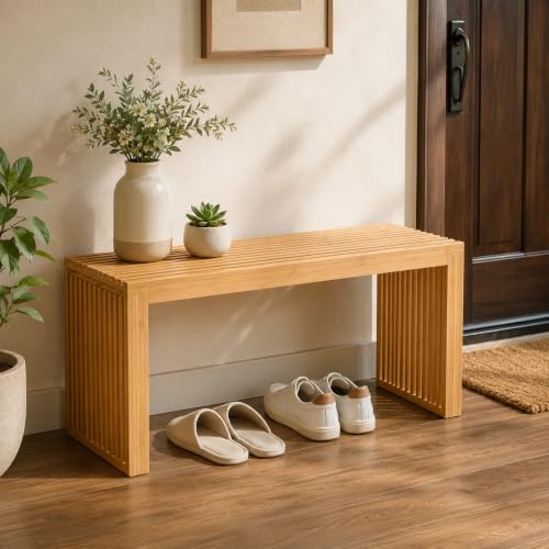 Image of APRTAT Bamboo Dining Bench 35 Inch Indoor Wooden Shoe Benches for Entryway