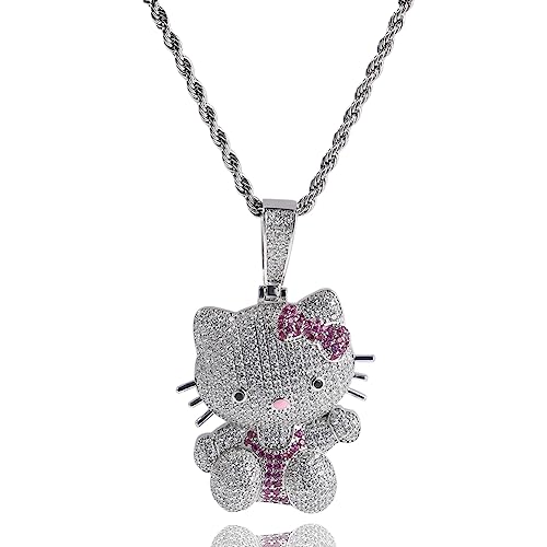 Sparkly Blingy 24-inch Rope Chain Iced-Out Cute Lovely Kitten Charm Pendant Necklace3