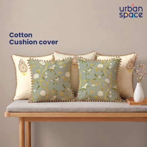 Image of Urban Space Cotton Cushion Cover Set of 5, 16 x 16 Inches, Decorative Throw Pillow Covers with Pom Pom, Printed Sofa Cushion Covers for Living Room, Home Decor (CC5, 40Cm x 40Cm, Set of 5)