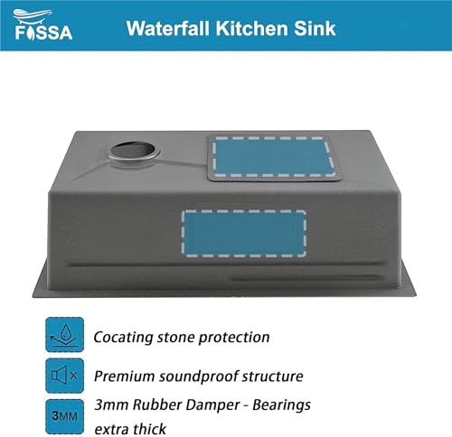 Image of Fossa 30x18x9 Inch Waterfall Kitchen Sink, Single Bowl Premium Stainless Steel Sink with 2.6 mm Collar & 0.9 mm Bowl, Pull-Out Faucet, RO Tap, Cup Washer, Soap Dispenser, Silver Honeycomb Finish