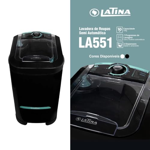 Lavadora Semiautomática Latina LA551 10kg 7 Programas de Lavagem Com 2 Molhos, Entrada e Saída de Água Manuais (127V)