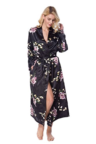 Lavenderi Women's Long Classic Satin Kimono Lounge Bathrobe Robe(Xl,Black Aop) #TOP2