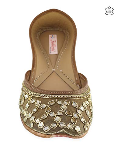 Image of Fulkari Women's Mirror Genuine Soft Leather Juttis | Bite and Pinch Free Jutis | Ladies Punjabi Jutti | Wedding Flat Stylish Mojari | Phulkari Ethnic Flats For Girls |