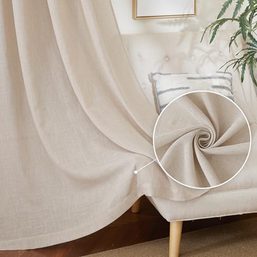 PONY DANCE Cortina Lino Cortinas Salon 2 Piezas 140x245cm(AnchoxAlto) Cortinas Translúcidas con Ganchos para Riel Cortinas Boho para Comedor Linen Curtains for Living Room, Beige