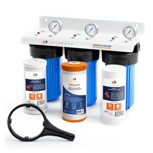 Aquaboon 3-Stage Water Filter System for Well Water with 5 Micron 10x4.5 Water Purification Reducing Sediment, Carbon Chlorine Reduction and Iron &amp; Manganese Filters, Pressure Gauges, Iron Bracket