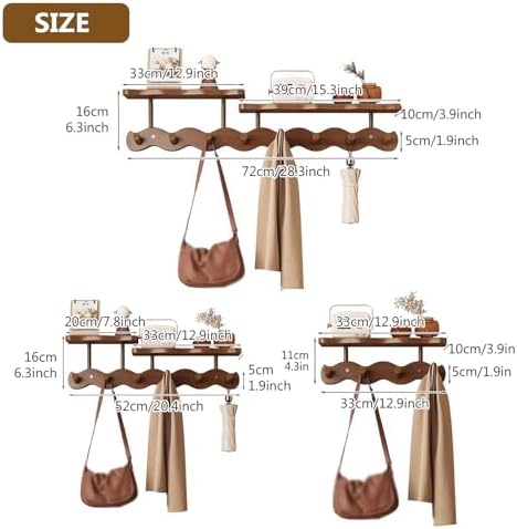 Walnut Wall-Mounted Coat Rack with Shelf - Solid Wood Hook for Hats, Clothes, Towels & Bags - Stylish Wave Design, 4 Durable Hooks for Entryway Organization