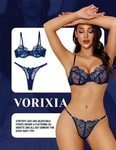 Image of Lingerie Sexy Bra and Panty Set for Women See Through Sheer Underwear Cute Exotic Floral Embroidery Babydoll Set