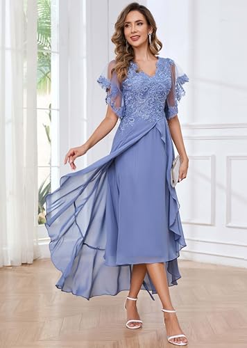 Tea Length Mother of The Bride Dresses for Wedding with Sleeves Lace Chiffon A Line Formal Wedding Guest Dress4