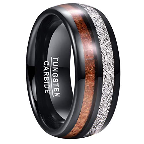 GALANI Schwarz Wolfram Ringe Ehering Herren Damen Ring mit Holz und Meteorit Inlay 8mm Poliert Eheringe Verlobungsring Jubiläumsring für Paare Größe 62(19.7) Cover