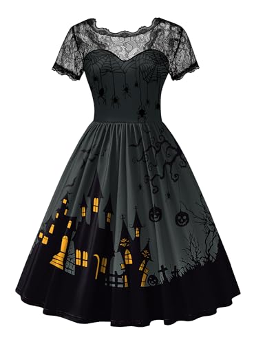 Halloween Kostüm Frauen Schwarz Spitzenkrägen Cosplay Party Kleid A Linie Fasching Kurzarm Midi Grau L
