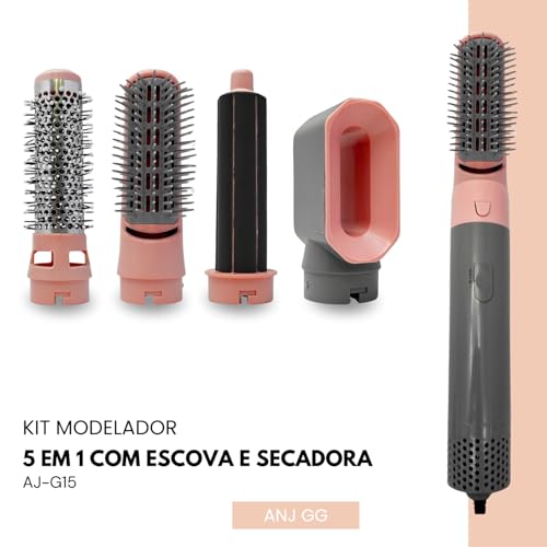 Kit Modelador 5 em 1 com Escova e Secadora Temperatura Ajustável (Rosa)