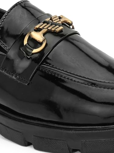 Image of Aaravin's Shiny Synthetic Patent Leather Slip-On Loafers | Chunky TPR Sole Moccasins with Stylish Metallic Buckle | Trendy Comfortable Footwear for Parties, Office and Daily Use