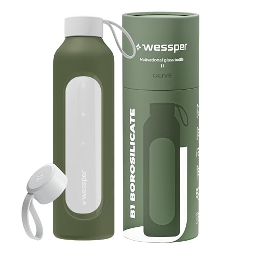 Wessper Botella de Agua Cristal, Botella 1 Litro Motivadora con Escala de Hidratación, Botellas de Vidrio Borosilicato con Funda de Silicona, Material Seguro sin BPA – Oliva