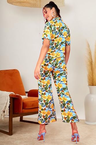 Image of POPWINGS Casual Floral Printed Monochrome Crop Shirt and Trouser Co-Ords Set for Women | Top and Bottom Set for Women |Printed Shirt and Trousers Set | Women Collar Shirt and Trousers Set Summer Wear