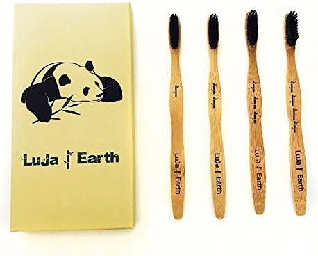 Organic Bamboo Toothbrush with Charcoal Infused Bristles, Family Pack of 4, Biodegradable & Eco-Friendly, BPA Free & 100% Plastic-Free, Natural Whitening