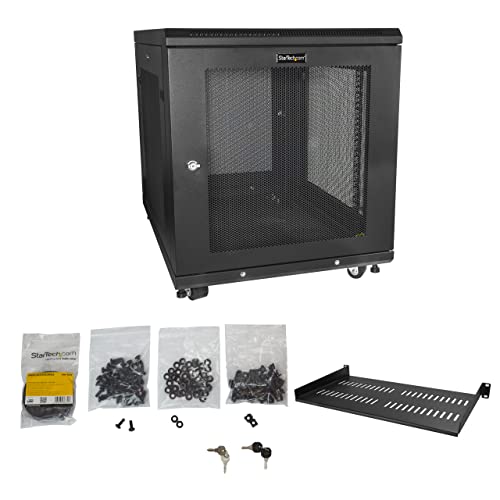 Image of StarTech 12U 19in Enclosed 4-Post Server Cabinet, 29in Deep, 992lb /450kg | EIA-310 compliant, Casters and leveling feet, 1U fixed shelf, 27.8in high, 75cm mount depth, 10ft tie