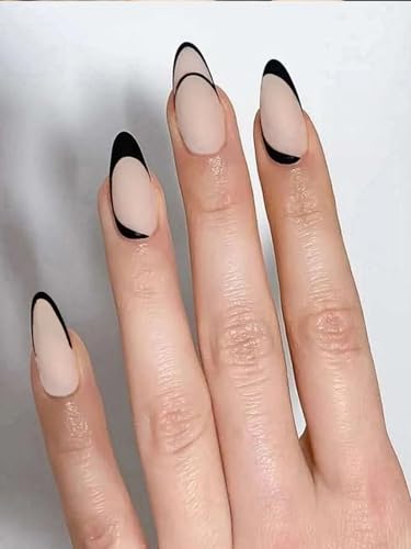 Secret Lives Reusable Artifical Fake False Press on Nails Translucent Matte Nude Color with Black Curve Design Long Lasting 24 PCS Set with Kit
