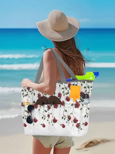 Mesh Beach Bag Oversized Tote Bags for Women Red Rose Flower Valentine's Day Large Travel Pool Bags with 8 Pockets3