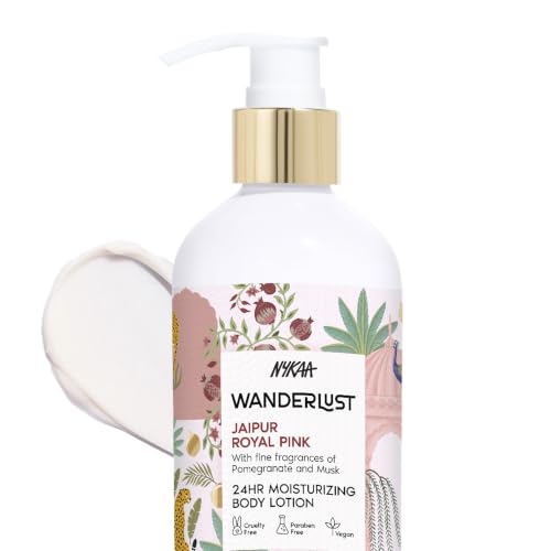 Image of Nykaa Wanderlust Jaipur Royal Pink Moisturising Body Lotion, 300 ml | Tuberose and Red fruits Perfume | Lightweight, Long-Lasting Hydration | Vegan, Paraben-Free I | Suitable for All Skin Types | 300 ml, Lightweight, Long-Lasting Hydration, Vegan, Paraben-Free