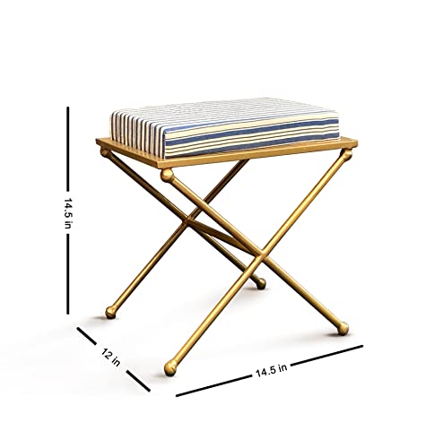 Image of LUSHLIN Blue & Golden Cross Base Multipurpose Cushioned Metallic Stool Ottoman for Sitting, Foot Rest,Vanity seat,Dressing Table(45x35x40) CM, Pack of 1