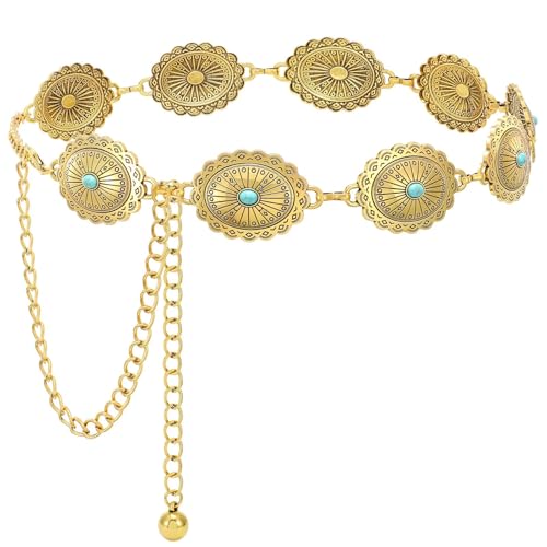 Image of WHIPPY Women Concho Chain Belt Metal Link Western Cowgirl Turquoise Chain Belt for Dress