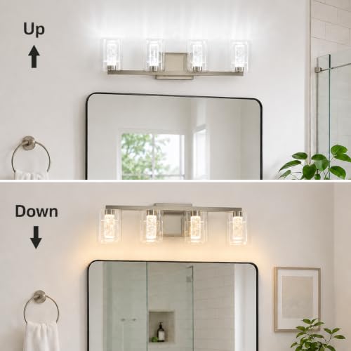 Image of 4-Light LED Vanity Light Fixtures for Bathroom,Electroplated Nickel | Bathroom Light Fixtures Over Mirror, 3 Color Lighting, Crystal Bubble Glass & Clear Glass Shade, Modern Vanity Light