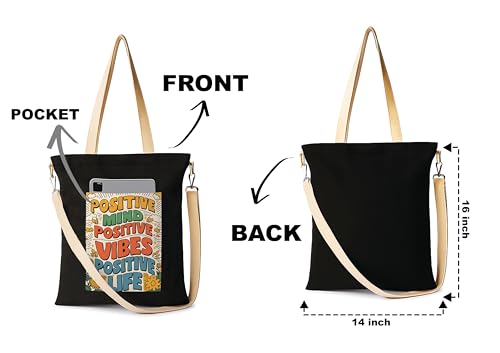 Image of ZORI Black Sling Tote Bag With Pocket and with Beige Straps, Tote Bags For Women large capacity,Tote bag For Shopping, College, Travel, More Canvas Handbag For Unisex