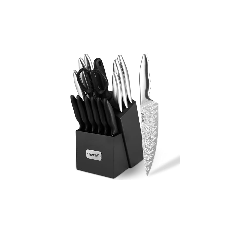 hecef-Kitchen-Knife-Set-with-Patented-Handle-15-Pieces-High-Carbon-Stainless-Steel-Chef-Knives-Set-with-Wooden-Block-Steak-Knives-Scissors-Sharpening-Steel hecef Kitchen Knife Set with Patented Handle, 15 Pieces High Carbon Stainless Steel Chef Knives Set with Wooden Block, Steak Knives, Scissors, Sharpening Steel