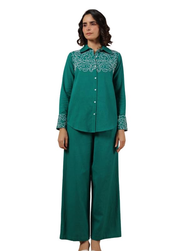 Forest Green Work Detailed Front Cotton Flex Co-Ord Set