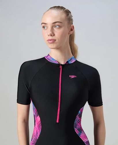 Image of Speedo Women's Endurance10 Essential Splice Print Closedback Kneesuit Swimming Costume Swimwear | Chlorine Resistant | Shape Retention Fabric | UPF 40+ Sun Protection | Removable Bra Pads
