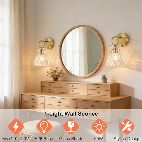 Image of Gold Wall Sconce 1-Light 6 Inch Clear Striped Glass Shade | Farmhouse Vanity Light Fixtures, Hardwired Wall Mount, Modern Wall Lights for Bathroom, Living Room, Mirror, Kitchen
