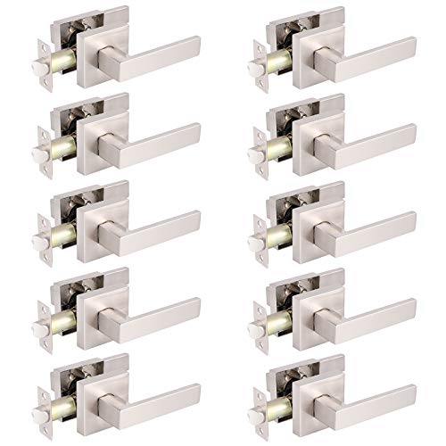 Gobrico Square Plate Passage/Hall Door Lever Handles Without Key In Satin Nickel 10Pack,Interior Door Locks For Closet Keyless Passage Contractor Bulk Pack #TOP13